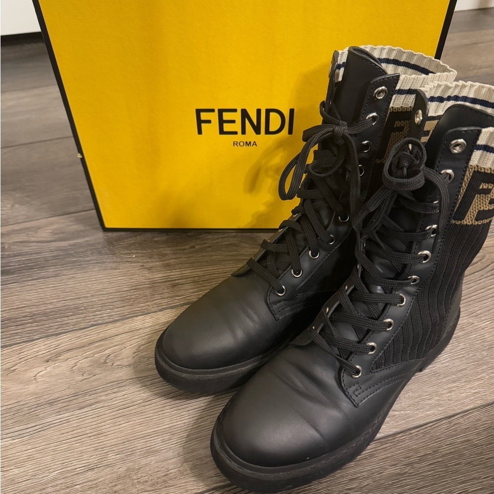 Fendi Rockoko Black Leather Combat Boot with FF Cuff - Size 38